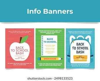 Bright banners invite families to a community event, showcasing activities and resources for the upcoming school year. Perfect for a local back-to-school celebration.