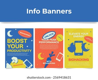 Bright banners inviting people to attend a seminar where they learn biohacking techniques that will help them improve their productivity and efficiency.