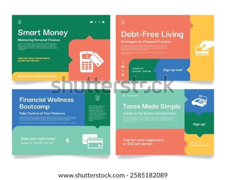 Bright banners inviting you to master programs aimed at mastering personal finances, achieving a debt-free life and understanding taxes.