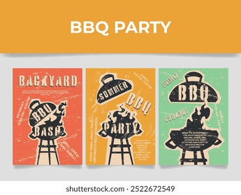 Bright banners promoting an outdoor barbecue party featuring grill graphics and typography. Perfect for summer backyard get-togethers.