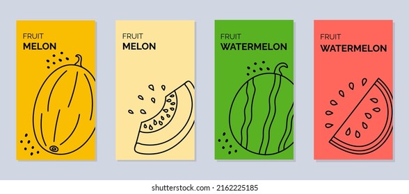 Bright banners with summer fruits - watermelon and melons. Pieces of watermelon and melon. Vector illustration