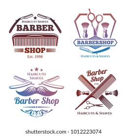 Bright barber shop emblems - men haircute salon labels design. Barbershop emblem, haircut label vintage, vector illustration