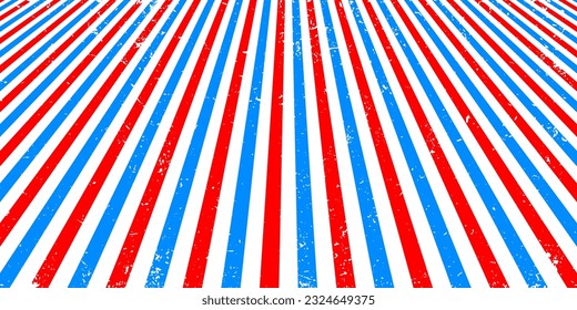 Bright barbershop one point perspective background with blue and red stripes on white. Striped vector wallpaper. Barber shop backdrop for man haircut and shave salon