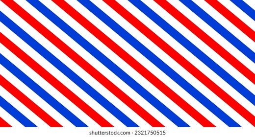 Bright barbershop seamless pattern with blue and red stripes on white. Diagonal striped vector background. Barber shop backdrop for man haircut and shave salon