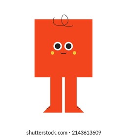 Bright basic geometric shape of Red Square with facial expression and feet . Cute colorful shape, trendy colors, vector illustration for kids modern education. Funny character, trendy emoji