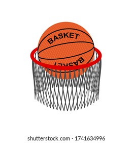 Bright Basketball Ball Over The Net Ring. Orange Sphere Isolated On White Background. Symbol of Sports Games. Vector 3D illustration