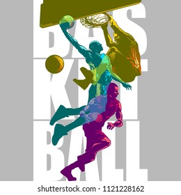 Bright Basketball players silhouettes with Colour Channel overlaping  sport illustration