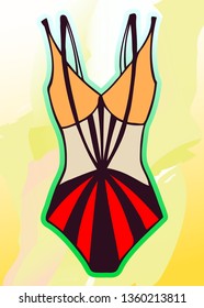 Bright bathing suit on an abstract background. For postcards, posters, invitations and business cards. Vector illustration. Summer poster.