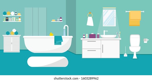 Bright Bathroom interior with furniture in flat design style. Vector illustration.