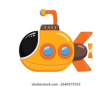 Bright bathyscaphe. Cute yellow submarine in cartoon style. Underwater transport. Vector illustration.