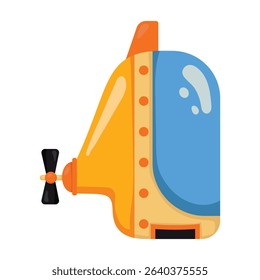 Bright bathyscaphe. Cute yellow submarine in cartoon style. Underwater transport. Vector illustration.