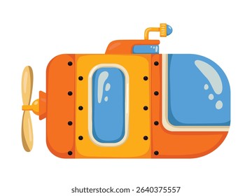Bright bathyscaphe. Cute yellow submarine in cartoon style. Underwater transport. Vector illustration.