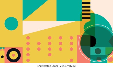 A bright Bauhaus composition containing a large yellow triangle, a green semicircle, and a series of neat pink dots.