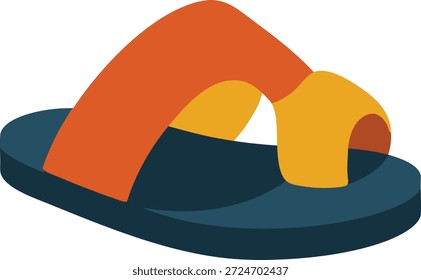 Um chinelo de praia brilhante com tiras curvas em laranja e amarelo em uma sola azul escura.
