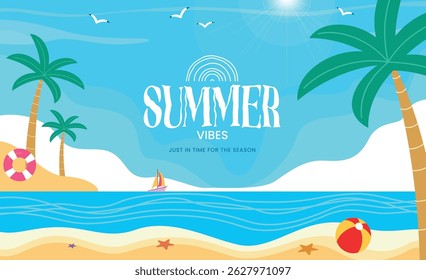 Bright beach landscape with palm trees, lifebuoy, starfish, and sailboat under a sunny sky. Perfect for travel ads, summer events, or seasonal marketing.