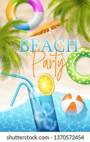 Bright Beach Party Poster Template With Realistic Sand, Water, Cocktail, Palms, Ball And Rings. Vector Illustration