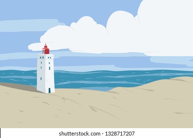 Bright beach sand dunes with the famous danish landmark lighthouse with blue sky background. Rubjerg Knude Lighthouse, Lønstrup in North Jutland in Denmark, North sea. Vector hand drawn illustration