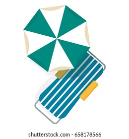 Bright beach umbrellas top view on white background. Beach vacation on sand on ocean or sea, near pool in hotel. Sunbed for relaxation and umbrella for sun protection. Flat vector cartoon icon.