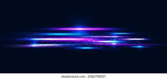 Bright beams and glowing sparks, horizontal ray light, glitter stardust particles. Vector effect.  