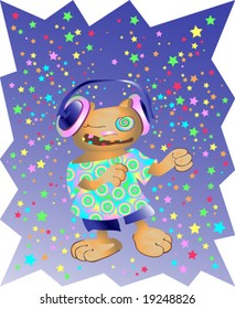 Bright bear in a tape player, dancing on a background the stars of banger