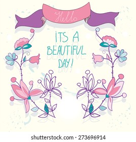 bright beautiful background greeting card with flowers and ribbon and the inscription day