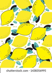 bright beautiful background with a pattern of lemons with leaves on a white background