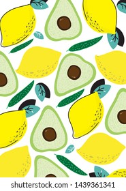 bright beautiful background with a pattern of lemons and avocados with leaves on a white background