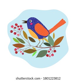 Bright, beautiful bird and tree branch with leaves and berries, autumn, vector illustration