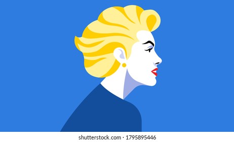 Brillante, hermosa rubia. Hermosa mujer con el pelo corto. Cara cerrada, vista lateral. Ilustración vectorial en un estilo moderno.