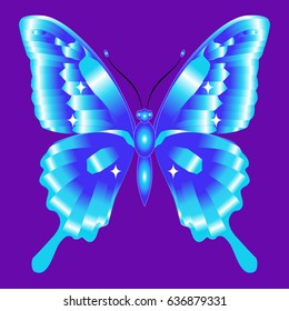 Bright beautiful blue butterfly. Vector illustration isolated on purple background.