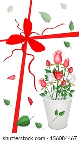 Bright and Beautiful Bouquet of White and Red Roses in Bucket on 2014 New Year Greeting Card. 