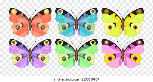 Bright beautiful butterflies of red, green, pink, lilac, blue, purple flowers on a transparent background. Set of isolated vector illustrations