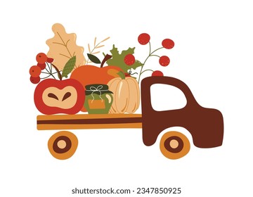 Bright, beautiful car carries a fresh harvest of fruits. Early autumn. Bright colors. Vector illustration