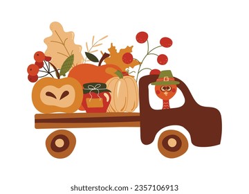 Bright, beautiful car carries a fresh harvest of fruits. All objects are separated. Early autumn. Bright colors. Vector illustration