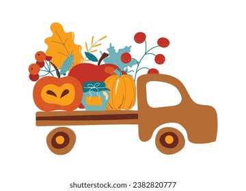 Bright, beautiful car carries a fresh harvest of fruits. All objects are separated. Early autumn. Bright colors. Vector illustration