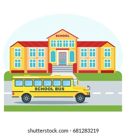 Bright, beautiful, clean and bright high school building for children, students. School bus on road in front of facade. Back to school flat vector cartoon icon. Objects isolated on white background.