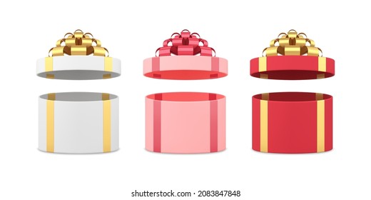Bright beautiful empty wrapped multicolored gift boxes with open cap unpacking set realistic vector illustration. Classic circled cardboard package metallic bow ribbon for holiday congrats isolated