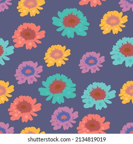 Bright and beautiful floral art vector seamless pattern in bold multicolor on a purple background