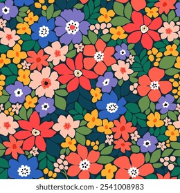 Brilhante lindo padrão floral em flores pequenas. Pequenas flores coloridas. Fundo azul escuro. Impressão de Ditsy. Fundo floral sem emenda. Modelo bonito para impressões de moda. Padrão de estoque.