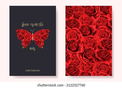 Bright and beautiful flower postcard templates. Floral butterfly and flowers blooming. Valentines and Women Day. Natural Spring Red Roses card template. Vector plant decorative appear