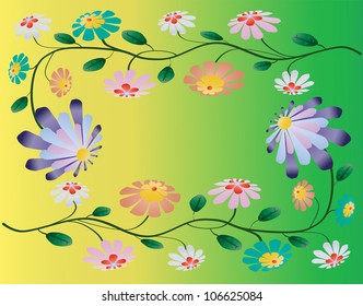 Bright beautiful flowers on yellow green background  Vector illustration