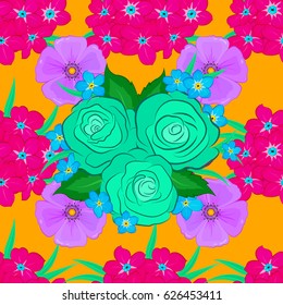 Bright beautiful flowers seamless background. Abstract cute floral print on a yellow background. Vector illustration.