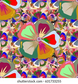 Bright beautiful flowers seamless background. Abstract cute floral print in green and pink colors. Vector illustration.