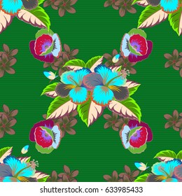 Bright beautiful flowers seamless background. Abstract cute floral print in green and blue colors. Vector illustration.