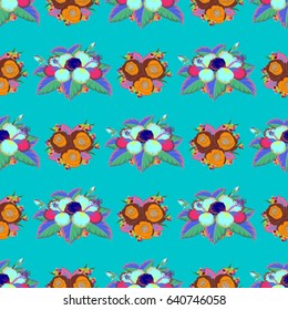 Bright beautiful flowers seamless background. Abstract cute floral print in blue and green colors. Vector illustration.