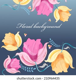 bright beautiful flowers tulips on a dark blue background  