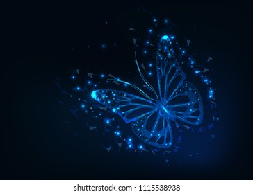 Bright and beautiful flying butterfly monarch made of lines, dots, triangles and stars. Symbol of freedom. Wireframe, polygonal modern futuristic design. Vector illustration.
