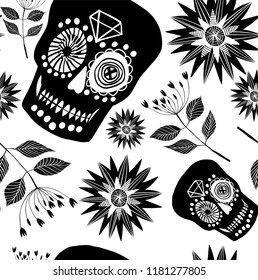 Bright beautiful graphic vintage black and white skeleton with stars, flowers and leaves pattern vector illustration. Perfect for greetings card, textile, banners, wallpapers, tattoo