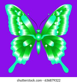 Bright beautiful green butterfly. Vector illustration isolated on purple background.