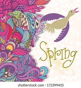 Bright beautiful greeting card with abstract floral background, bird and hand drawn letters "Spring".